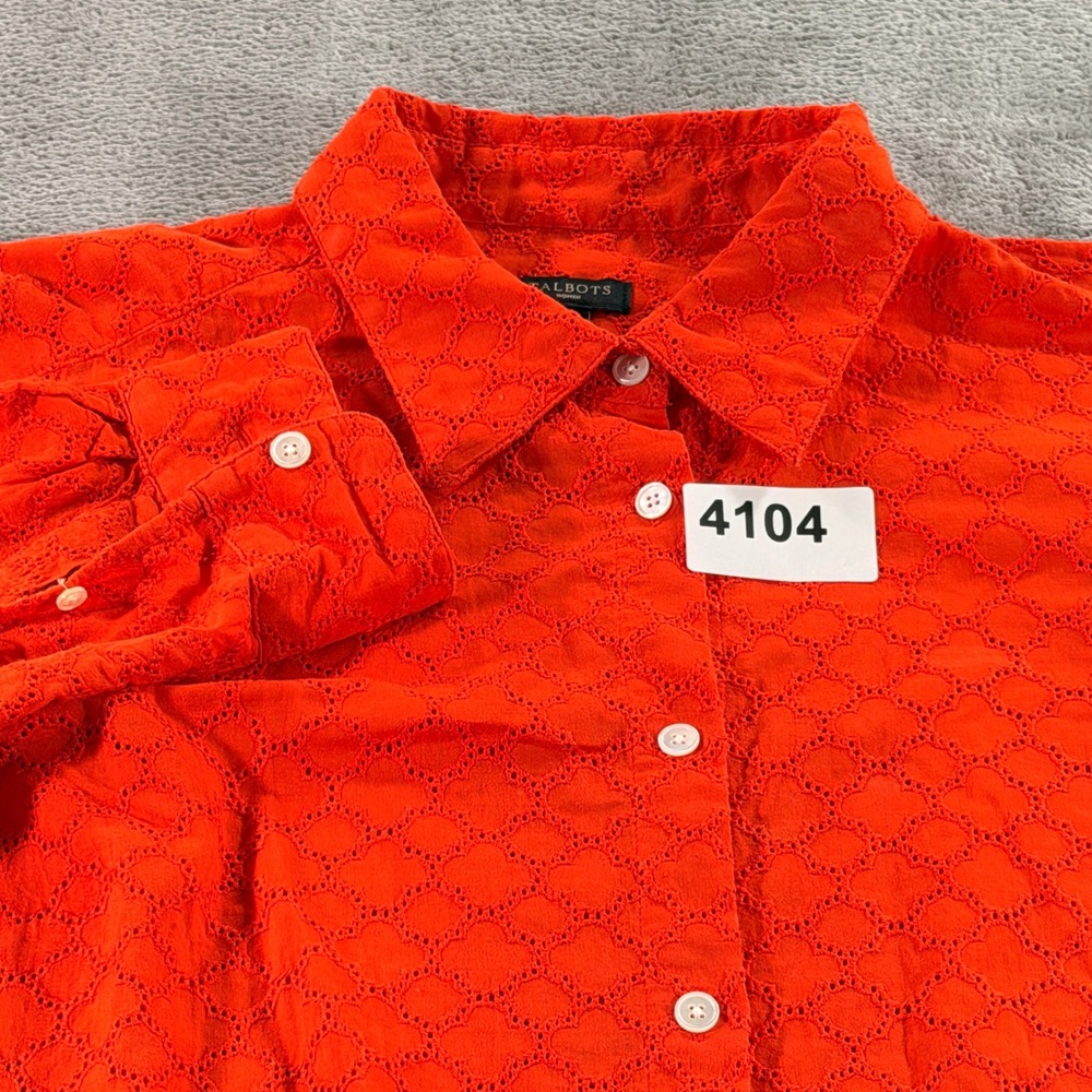 Talbots Button Down Shirt Women 1X Orange Eyelet Cotton Long Sleeve Top Fall
